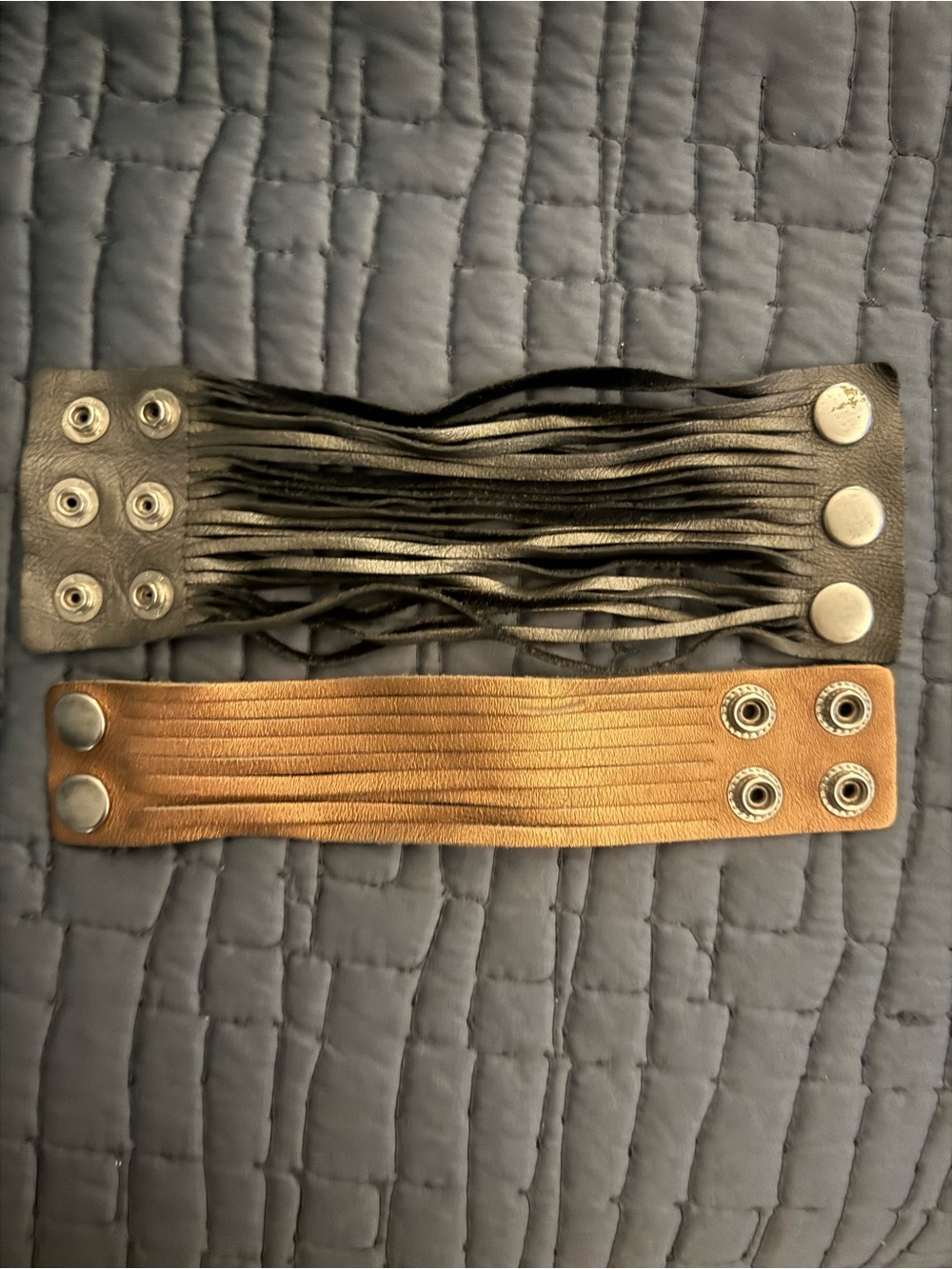 Shredded Leather Snap Bracelet Set - Black/Silver and Bronze